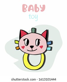 Soft, children's toy bright, multi-colored cat, rattle rodent, isolated vector on a transparent background. Toys for babies up to a year, newborns. For printing on children's clothing, textiles.