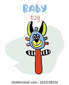 Soft, children's toy bright, multi-colored zebra burro, rattle rodent, isolated vector on a transparent background. Toys for babies up to a year, newborns. For printing on children's clothing, textile