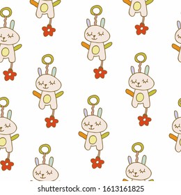 Soft, children's toy bright, multi-colored bunny on a suspension bracket in a crib, rattle rattle, seamless texture on a white background, vector. For printing on children's clothing, textiles