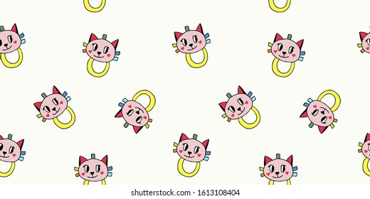 Soft, children's toy bright, pink cute cat, rattle rattle, seamless texture on a light background, vector. For printing on children's clothing, textiles, holiday packaging.