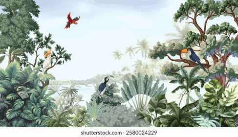 Soft Chinoiserie Wall Mural on Grey Ink Landscape, Tree With Birds, Watercolor Background, Tropical Wall Mural.