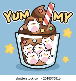 Soft chocolate ice cream with cute bear bubble cartoon.Yummy text.Animal character design.Image for background, sticker,shirt print,wallpaper,card.Isolated.Art.Kid graphic.Kawaii.Vector.Illustration.