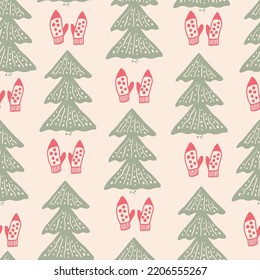 Soft Christmas seamless background with tree and mittens. Cute elegant hand drawn Xmas seamless pattern with repeat pine, spruce in shabby chic vintage doodle style for wrapping paper and greeting