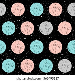 Soft circle on black seamless background. Grey, pink, blue circle. Abstract pattern for card, wallpaper, album, scrapbook, holiday wrapping paper, textile fabric, garment, t-shirt design etc.