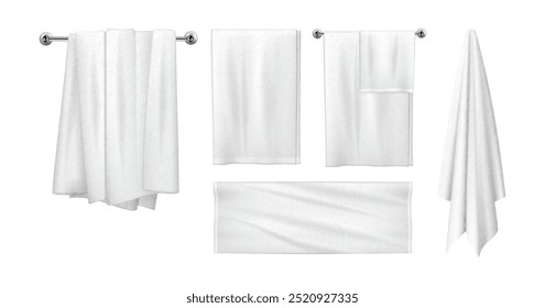 Soft clean towels on hangers. Vector isolated set of realistic home textile for interior decoration of bathroom. Hygiene and personal use textile. Spa salon or accessories for massage care