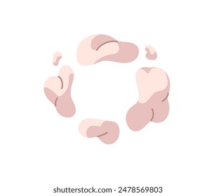 Soft clouds fly in round. Smoke in the air. Pollution of dust, cigarette smog, vapor, vapour. Comic trace of disappear, trail of little explosion. Flat isolated vector illustration on white background