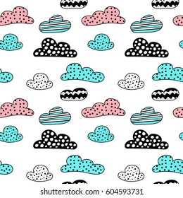 Soft clouds seamless background. Dotted, striped and wavy childish application cloud pattern for card, wallpaper, album, scrapbook, holiday wrapping paper, textile fabric, garment, t-shirt design etc.