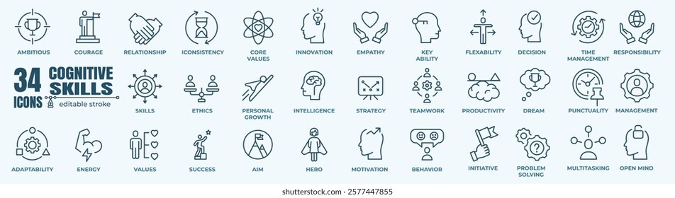 Soft and Cognitive Skills line editable icon set. Contains such Icons as Core Values, Empathy, Success,  Punctuality and more.