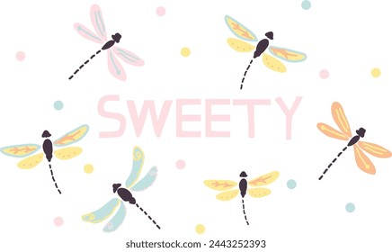 soft color dragonfly, sweety motto, letters sweety