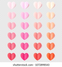 Soft color folded paper hearts isolated on transparent light. EPS 10 vector file