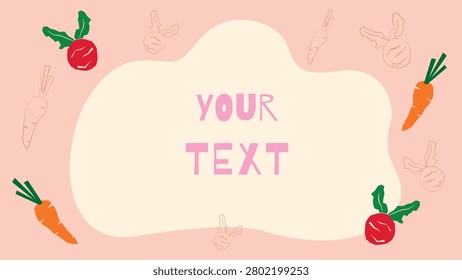 Soft color illustration featuring floating carrots and beets surrounding an organic rounded frame with ample copy space. Decorative vegetable background combining colorful and line art elements, ideal for gardening, healthy food, agriculture, farmers markets and sustainable living designs.