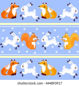 Soft color kids textile pattern with rabbits, squirrels and foxes.