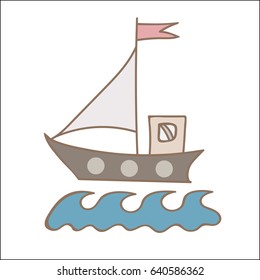 Soft color ship with flag for coloring book and other child design. Simple boat with wave isolated on the white background.