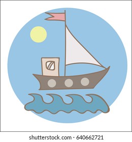 Soft color ship with flag and sun for coloring book and other child design. Simple boat with wave isolated on the white background.