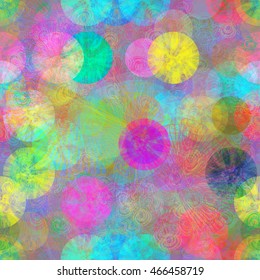 Soft color transitions. Circles from shapeless spots like grunge discs. Rainbow background. Artistic seamless vector pattern. Watercolor effect