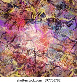 Soft color transitions. Graphically pattern. Seamless vector abstract background. Stylized feathers and leaves, mixed wavy lines randomly. The effect of blur and watercolors. For Boho design