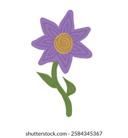 Soft Colored Cartoon Hand-Drawn Flower Illustration with Leaves on White Background