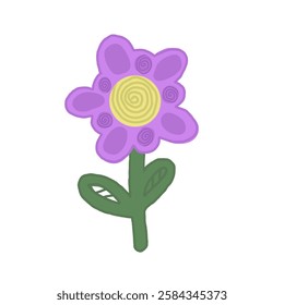 Soft Colored Cartoon Hand-Drawn Flower Illustration with Leaves on White Background