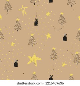 Soft colored Christmas seamless pattern with trees and presents. Vector illustration.