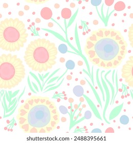 soft colored flowers with some green plants seamless pattern. Plants and flowers floral themes seamless vector repeat pattern Floral surface pattern design