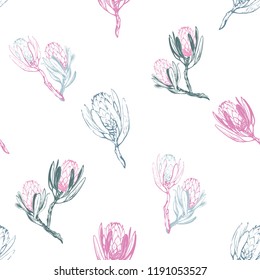 Soft colored protea flower seamless pattern. Floral background for fabric design. Cute and beautiful vector protea flowers illustration on white backdrop.