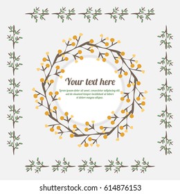 Soft colored vector greeting card with flowers and leaf frame. Place for your text. Wreath of yellow flowers around.