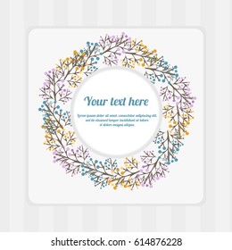 Soft colored vector greeting card with flowers. Place for your text. Wreath of yellow, blue, pink flowers around.