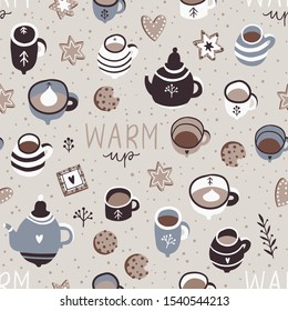 Soft colored winter hugge seamless pattern illustration. Wallpaper, background, textile, cards, poster, print, sticker design. Scrapbook collection