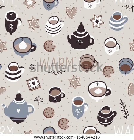 Soft colored winter hugge seamless pattern illustration. Wallpaper, background, textile, cards, poster, print, sticker design. Scrapbook collection