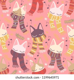 Soft colored winterly kitten vector pattern with fir branches and music notes. Seamless repeat on pastel pink background. Great for fabric design, cards, gift wrapping paper, scrapbooking etc.