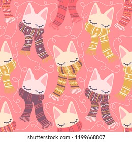 Soft colored winterly kitten vector pattern, seamless repeat on pastel pink background. Trendy graphic style. Great for apparel design, wallpaper, scrapbooking, greeting cards, gift wrapping paper etc