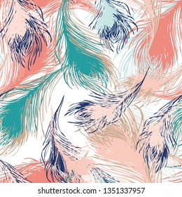 Soft colorful feathers seamless pattern. Elegant vector repeat  for invitations, beach weddings, cards, decor, textiles and spring or summer fashion. Marbleized look in teal, coral, blue and peach.