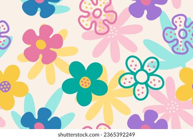 Soft Colorful flower and leaf doodle seamless pattern illustration. Cute pattern with floral texture, fun nature shapes wallpaper.