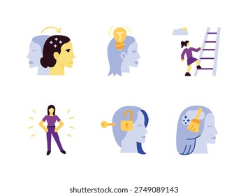 Soft colorful illustrations representing personal growth and mental clarity concepts including Mindset Shift, Innovation, Confidence Ladder, Self Confidence, Mind unlock and Decluttering.