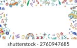 Soft colorful scribble lines inspired by kids drawings. Crayon kindergarten frame for baby cards, school awards and playful backgrounds.
