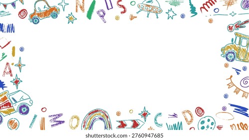 Soft colorful scribble lines inspired by kids drawings. Crayon kindergarten frame for baby cards, school awards and playful backgrounds.