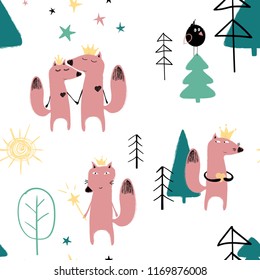 Soft colorful seamless pattern with cute fairytale fox in the forest. Hand drawn grunge brush background. 