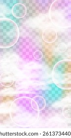 Soft and colorful vector background with transparent clouds and glowing circles on pastel rainbow gradient. Ideal design for Instagram stories, social media posts, digital banners and mobile screens.