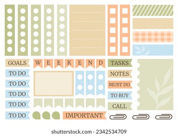 Soft colorful weekly planner stickers set for agenda, notebook, diary. A5 format. 