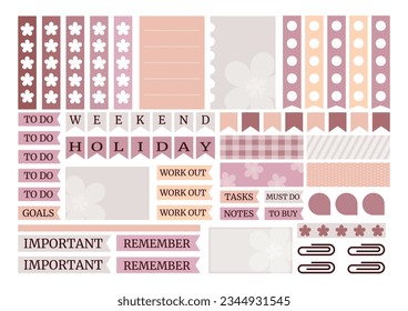 Soft colorful weekly planner stickers set with flowers silhouette for agenda, notebook, diary. A5 format. 