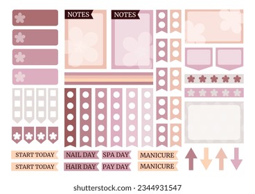 Soft colorful weekly planner stickers set with flowers silhouette for agenda, notebook, diary. A5 format. 