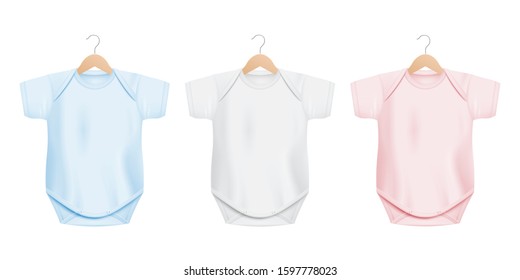 Soft colors baby one-piece bodysuit hanging on cloth hangers, templates set realistic vector illustration isolated on white background. Newborn children suit mockup.