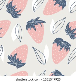 Soft colors cute strawberry seamless pattern in scandinavian style on beige  background for fabric, coverage, wrapping paper and other print and design. Vector flat illustration.