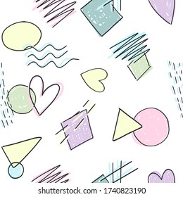 Colores suaves, vectores dibujados a mano, patrón sin fisuras con varias formas como círculo, corazón, triángulo, onda y otras. Ilustración aislada de estilo Doodle para envolver papel, impresión textil y otro diseño.