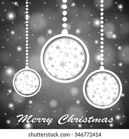 Soft colors silver shiny Christmas toys with stars and snowflakes cuted in paper on blurred background with snow. Vector illustration