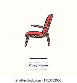Soft comfortable chair. Vector illustration. Design for stikers, poster, social media post. Positive doodle icons, home elements. Isolated on white background.