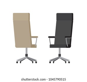 Soft comfortable leather office chairs on wheels with high backs of beige and black colors isolated cartoon vector illustrations on white background.