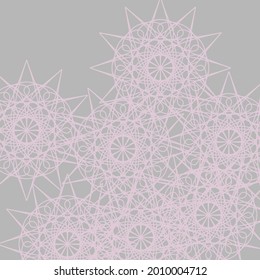 Soft Complicated Luxury Mystery Sharp Folk Satanic Mandala Ornament. Grey Pink Print Vintage Pastel Calm Ornamental Background. Silver Dark Modern Light Chaotic Stars Lace Background.