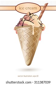 soft cone ice cream with chocolate and waffle rolls on a white background,  vector illustration