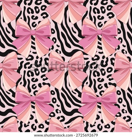 A soft coquette-style seamless pattern featuring pastel pink ribbon bows arranged over a subtle animal print background. Designed with a romantic and feminine aesthetic, this pattern is ideal for fashion textiles, fabric prints, packaging, stationery, wrapping paper, and various surface design applications.